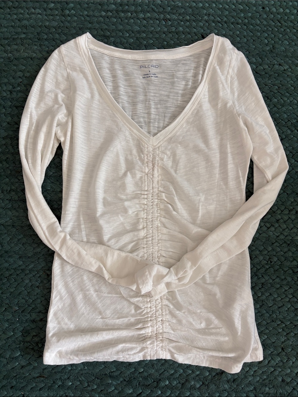 Pilcro for Anthropologie Creamy White V-Neck Ruched Long Sleeve Tee